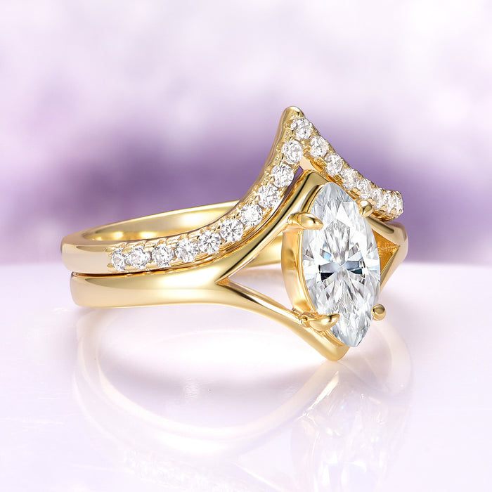 Marquise Cut Lab-Grown Diamond Engagement Ring Set in 14K Solid Yellow Gold (IGI Certified) by Aquamarise Gold, showcasing a marquise center diamond with a chevron diamond band, part of Solid Gold Engagement Rings and April Birthstone Jewelry collections.
