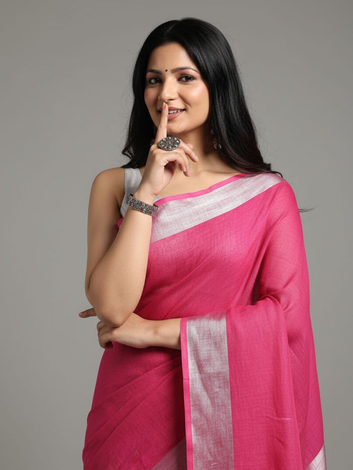 Masterful Handwoven Pure Linen Pink Saree