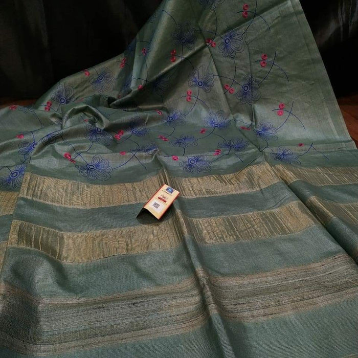 Eri Silk Digital Embroidered Bottle Green Saree with Running Blouse-Indiehaat