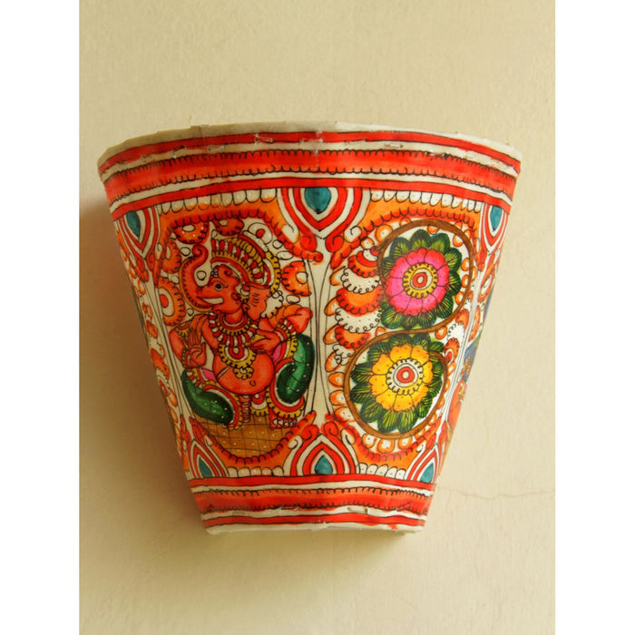 Indiehaat | Ganesha Kalamkari Handpainted Wall Mount Leather Lamp | 8.5 Inch
