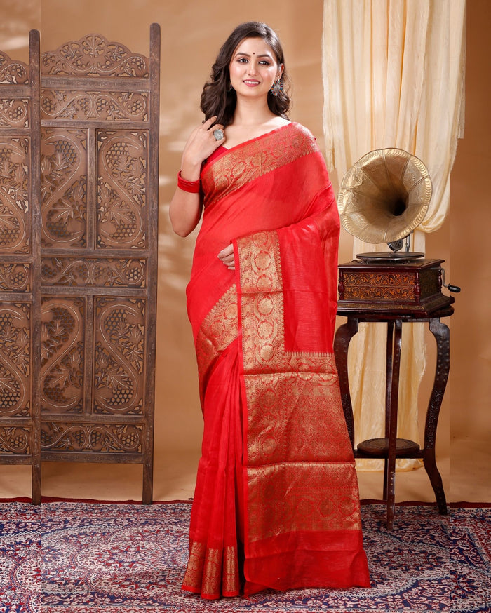 Silk Linen Banarasi Brocade Handloom Orange Saree with Blouse-Indiehaat