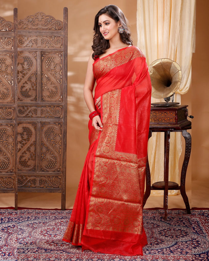 Silk Linen Banarasi Brocade Handloom Orange Saree with Blouse-Indiehaat