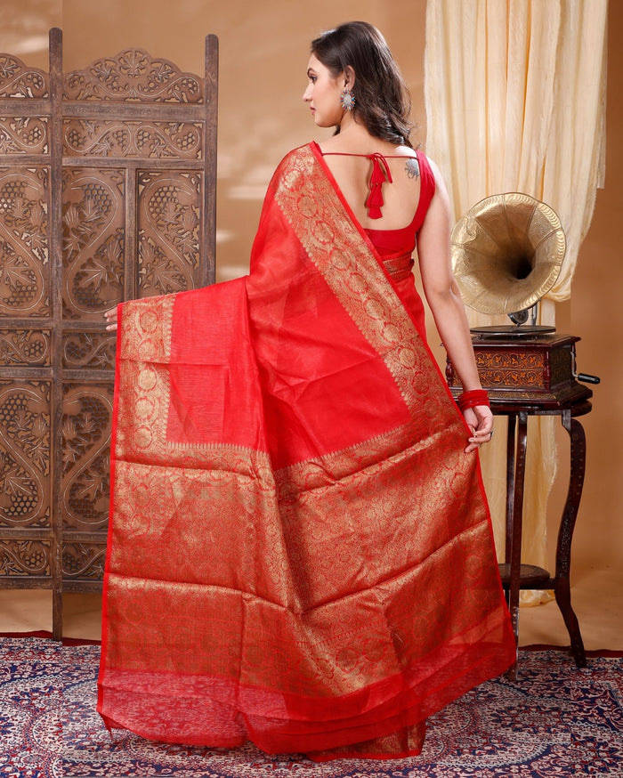 Silk Linen Banarasi Brocade Handloom Orange Saree with Blouse-Indiehaat