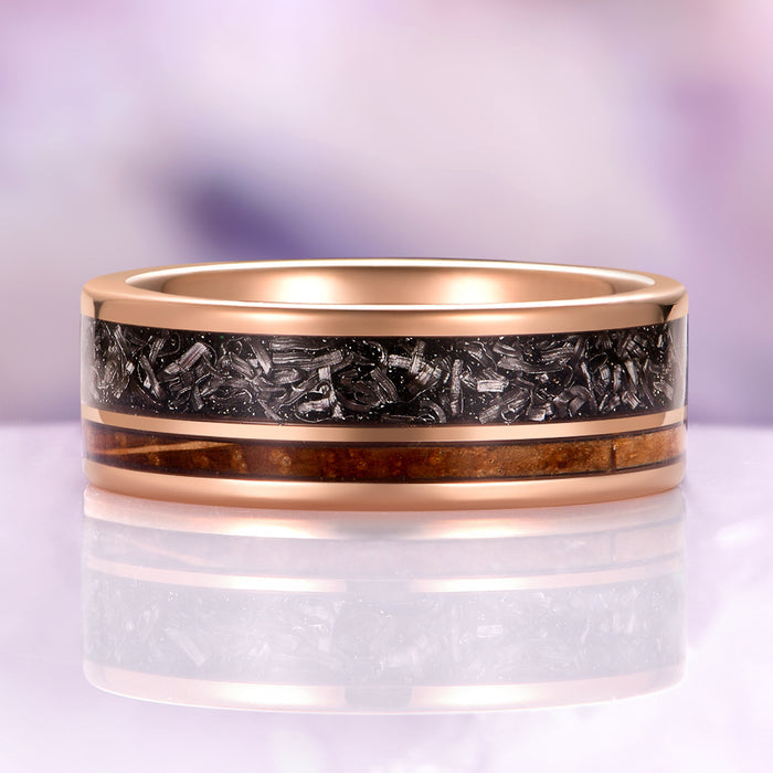Meteorite & Whiskey Barrel Band in Rose Gold Tungsten Carbide (8mm) by Aquamarise, showcasing an 8mm rose gold tungsten carbide ring with dual inlays of genuine meteorite fragments and reclaimed whiskey barrel wood, part of Men’s Wedding Bands and Inlay Wedding Bands collections.