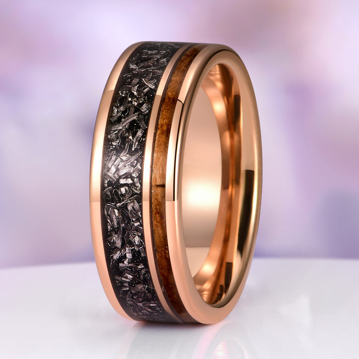 Meteorite & Whiskey Barrel Band in Rose Gold Tungsten Carbide (8mm) by Aquamarise, featuring a polished rose gold tungsten carbide band with dual inlay accents of genuine meteorite and rich whiskey barrel wood, part of Men’s Wedding Bands and Inlay Wedding Bands collections.