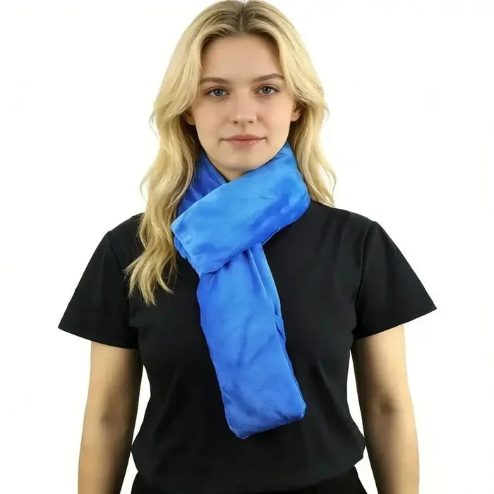 Microwavable neck heating wrap worn by a model, providing soothing warmth and comfort for neck and shoulders.