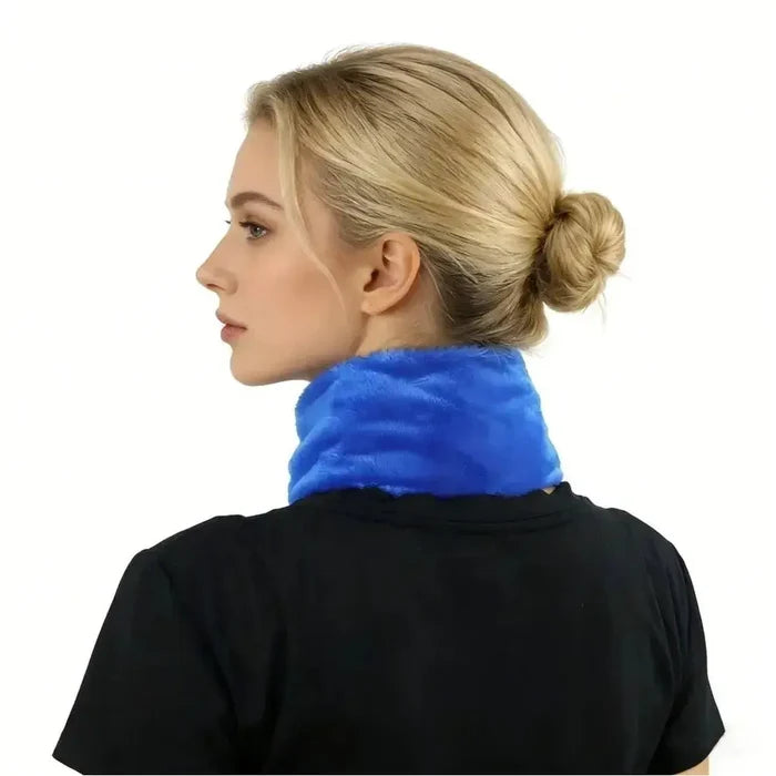 Microwavable neck heating wrap worn by a woman, providing comfort and warmth for neck and shoulders.