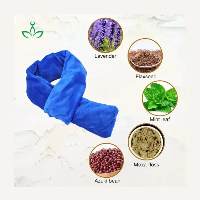 Microwavable neck heating wrap displayed with ingredients: lavender, flaxseed, mint leaf, azuki bean, and moxa floss.