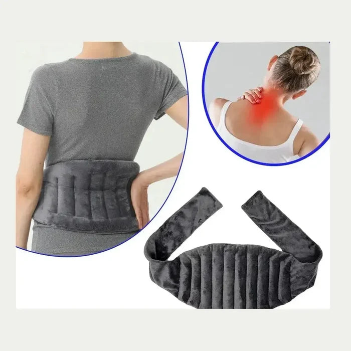 Microwave heating pad wrap for neck and back pain relief, featuring soft fleece and heat-retaining beads, shown in use.