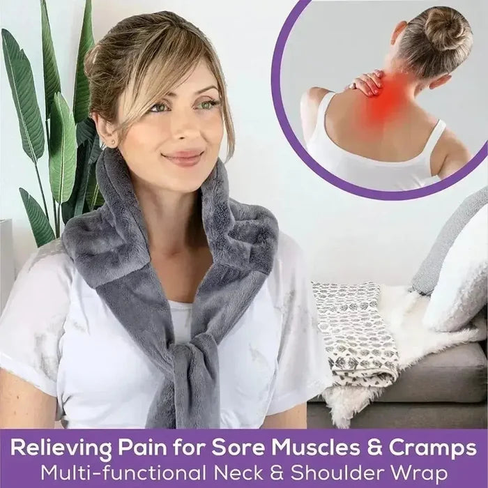 Microwave heating pad wrap providing relief for sore muscles, featuring a soft fleece design for neck and shoulder comfort.
