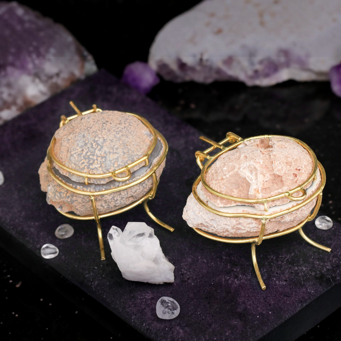 Mini Natural Geode Ring Box in Smoke Agate Grey by Aquamarise, shown closed with natural stone exterior and gold hinge