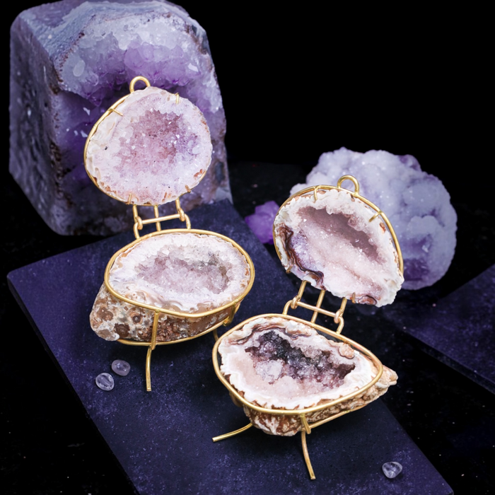 Mini Natural Geode Ring Box with Gold Hinge in Lavender Mist Purple by Aquamarise, opened to show the purple crystal interior