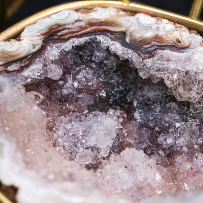 Inside view of a Lavender Mist Purple geode ring box by Aquamarise with sparkling crystal lining and ring slot
