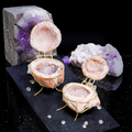 Mini Natural Geode Ring Box with Gold Hinge in Rose Blush Pink by Aquamarise, opened to show the pink crystal interior