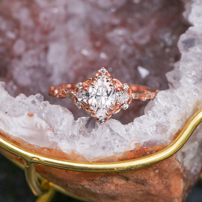 Rose Blush Pink geode ring box by Aquamarise displayed with the Esme moss agate engagement ring