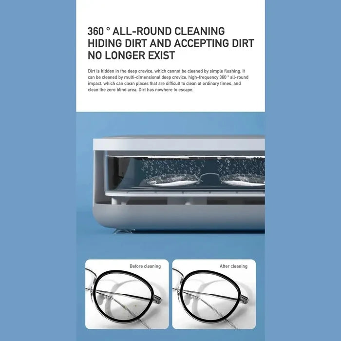 Mini Ultrasonic Jewelry Cleaner spec chart showing dimensions and included accessories
