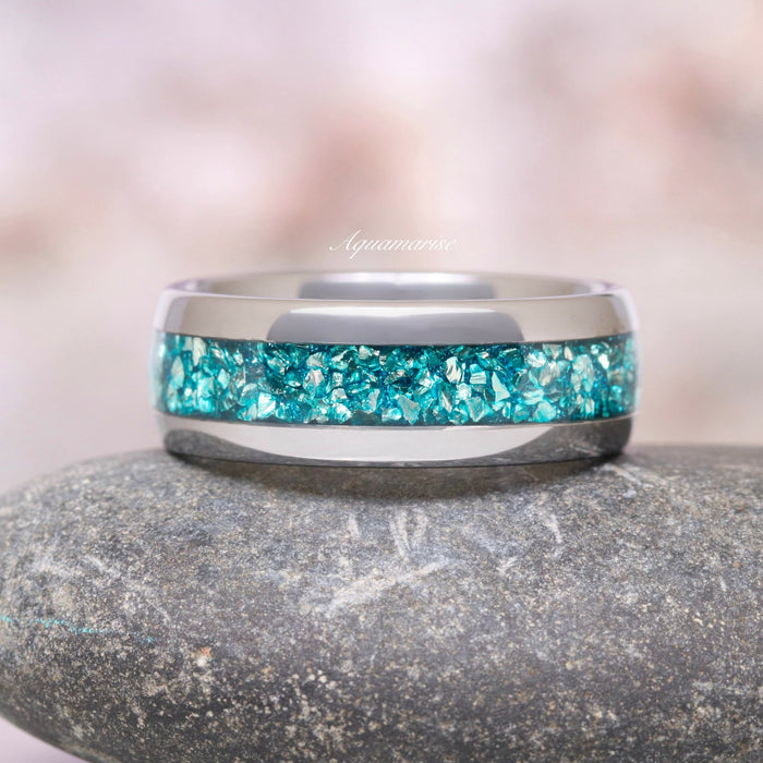 Minimalist Crushed Aquamarine Couples Ring Set featuring vibrant crushed aquamarine inlay on polished silver band, by Aquamarise, ideal for Matching Couples' Rings and Aquamarine Jewelry collections.