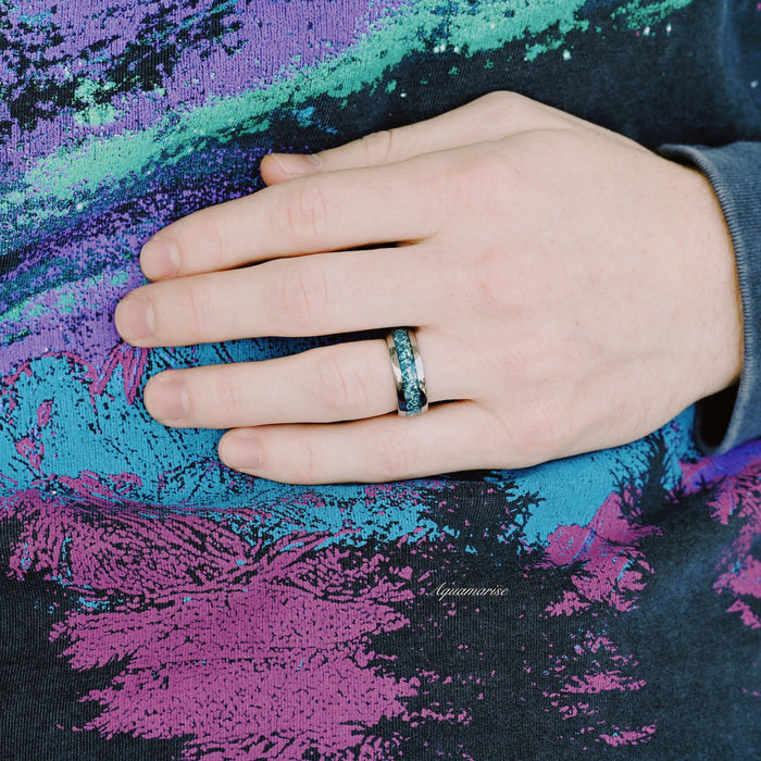 Minimalist Crushed Aquamarine Couples Ring Set worn on hand, featuring vibrant aquamarine inlay on a polished band, by Aquamarise from Matching Couples' Rings and Aquamarine Jewelry collections.