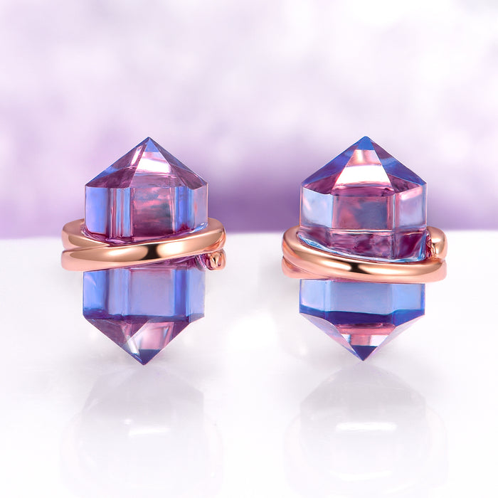 Minimalist Raw Alexandrite Stud Earrings in 14K Rose Gold Vermeil by Aquamarise feature unique raw crystal stones with a polished rose gold vermeil band, part of June Birthstone Jewelry.