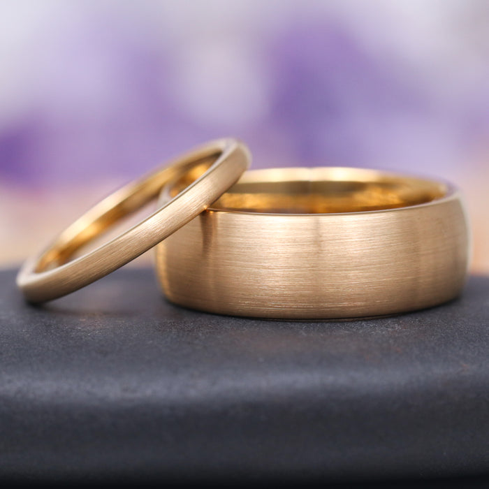 Satin Wedding Band in 14K Solid Yellow Gold (8MM) featuring an 8mm wide band with a soft satin-brushed finish, crafted by Aquamarise Gold for a timeless, elegant look in men's and women's solid gold rings collections.