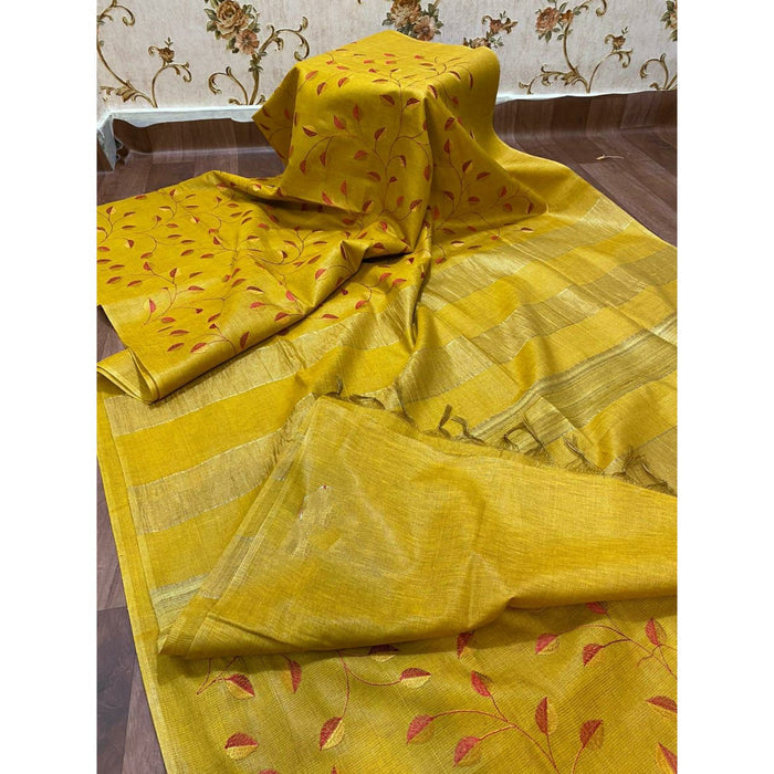 Eri Silk Digital Embroidered Yellow Saree with Running Blouse-Indiehaat