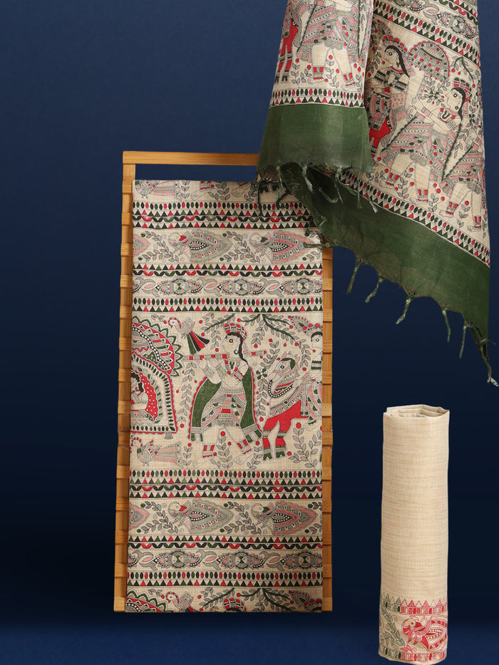 Misty Madhubani Wax Batik Hand Dyed Khadi Silk Beige Suit (T+B+D)