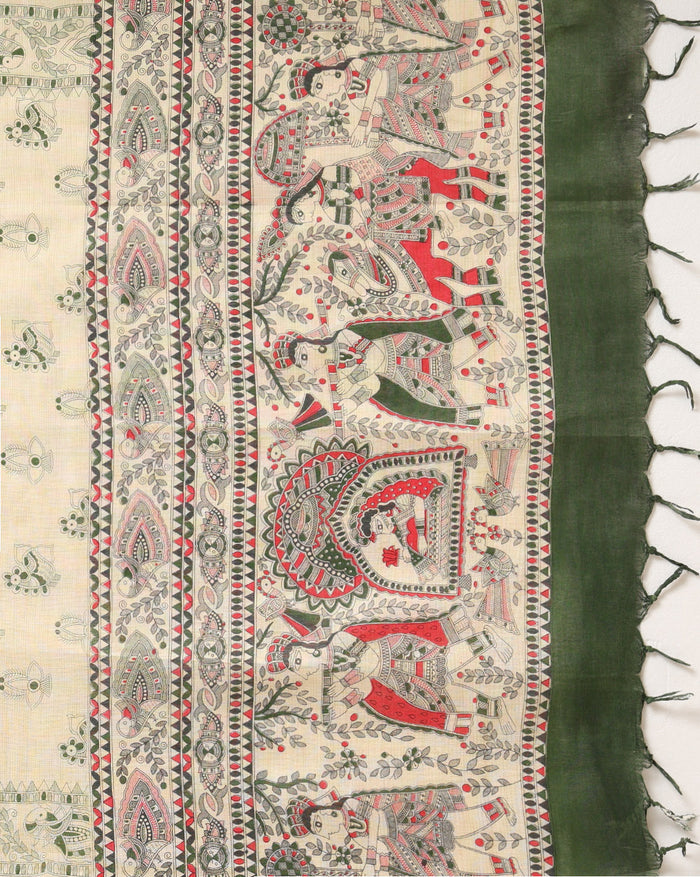 Misty Madhubani Wax Batik Hand Dyed Khadi Silk Beige Suit (T+B+D)