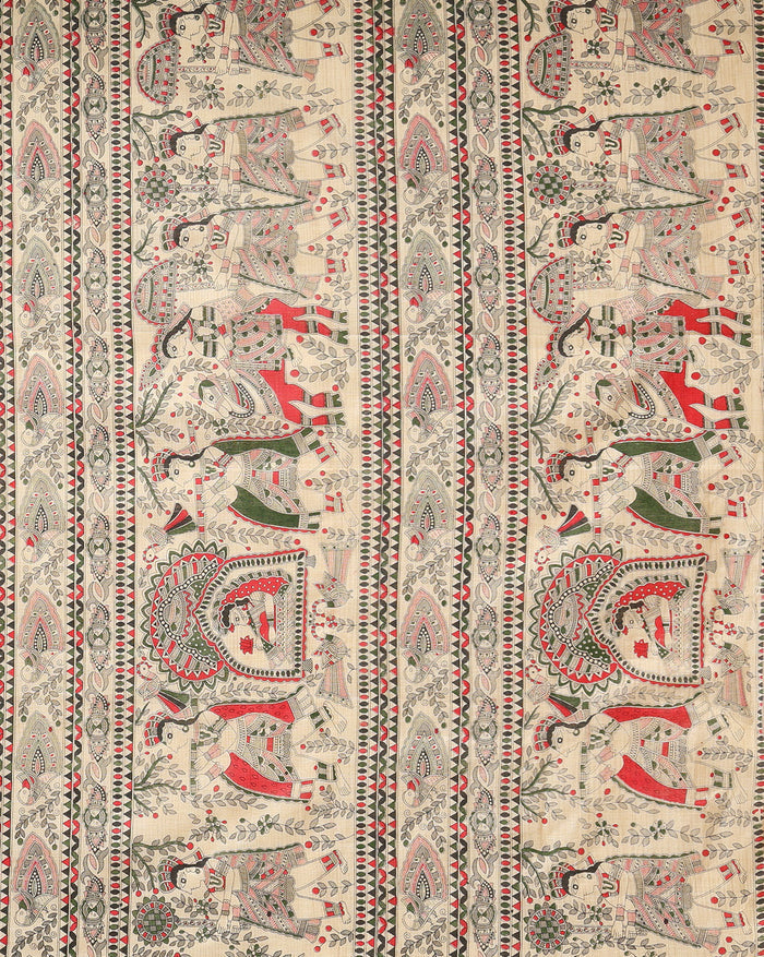 Misty Madhubani Wax Batik Hand Dyed Khadi Silk Beige Suit (T+B+D)