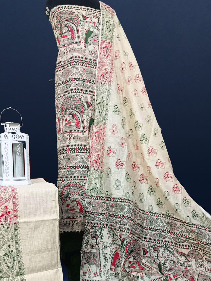 Misty Madhubani Wax Batik Hand Dyed Khadi Silk Beige Suit (T+B+D)
