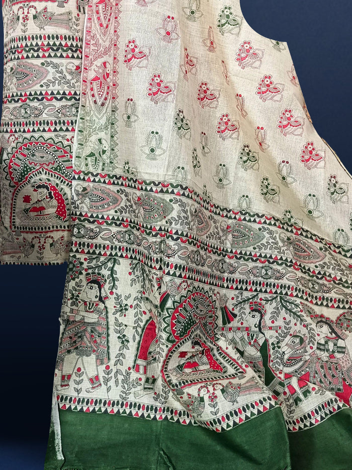 Misty Madhubani Wax Batik Hand Dyed Khadi Silk Beige Suit (T+B+D)