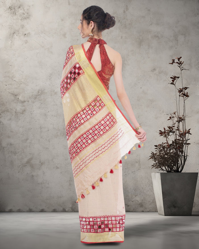 Misty Pure Linen Hand Cutwork Design Red Saree