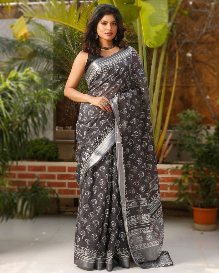 Misty Slub Linen Saree Gray Batik Print