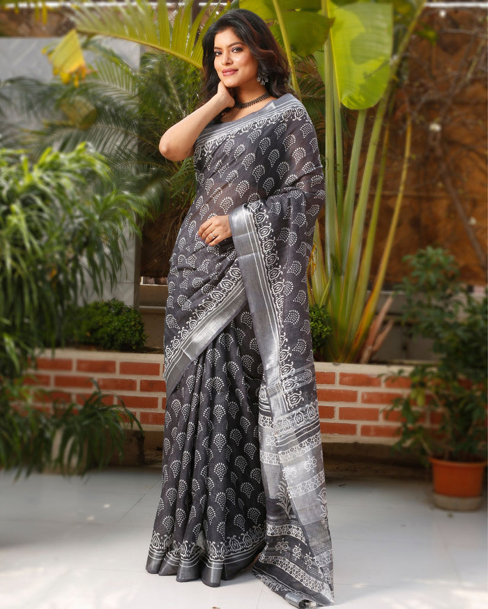 Misty Slub Linen Saree Gray Batik Print