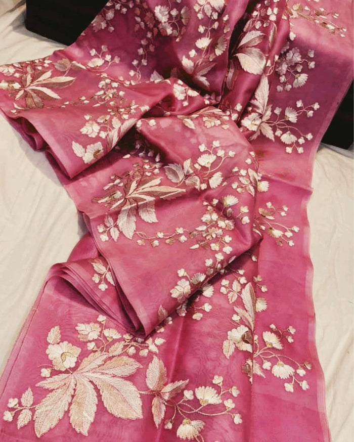Embroidered Organza Pure Silk Pink Saree for Modern Ethnic Fashion | Indiehaat