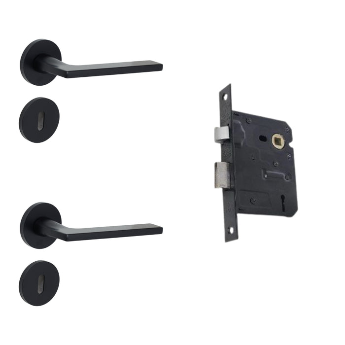 Modern Matt Black Door Handle on Rose with Two Lever Mortice Lock