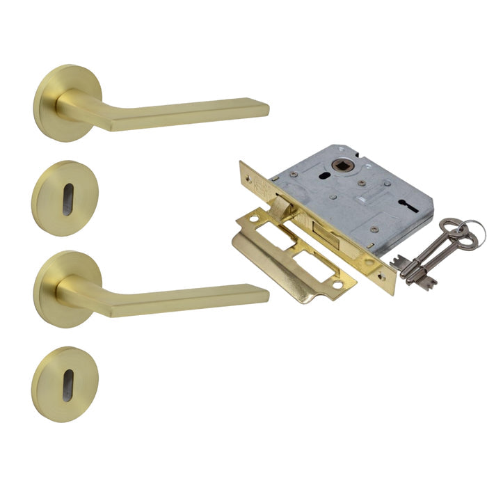 Modern Matt Brass Door Handle on Rose with Two Lever Mortice Lock door handle on rose