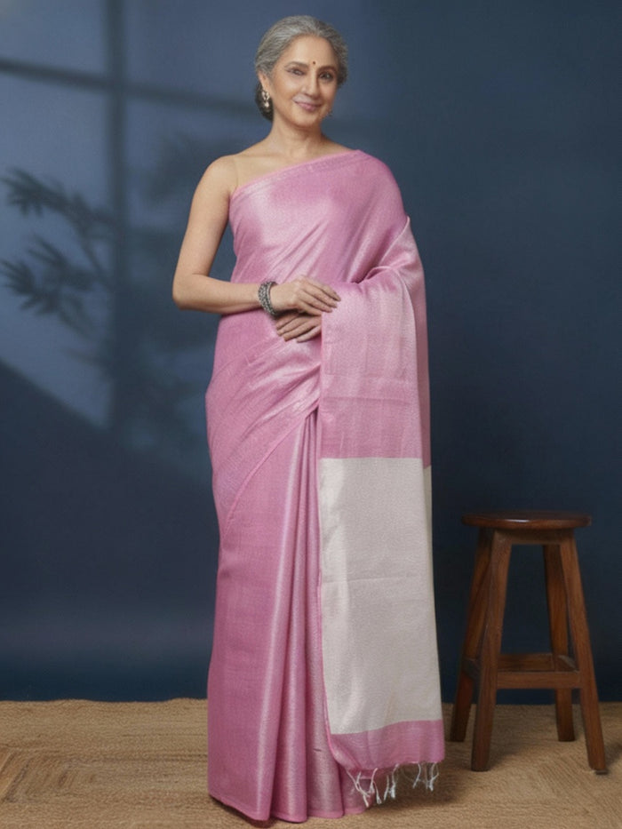 Modern Pure Tissue Linen Handdyed Saree Pink