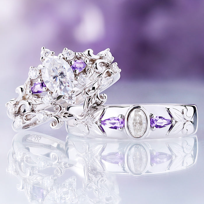 The moissanite and amethyst 6mm band shown with the matching Carmilla women's ring and enhancer as a couples ring set