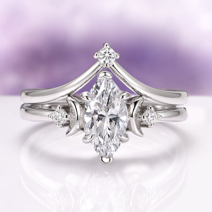 Moissanite & Crescent Moon Constellation Couples Ring Set featuring a marquise-cut moissanite center flanked by crescent and star accents in polished sterling silver by Aquamarise, part of Matching Couples' Rings and Best Selling Jewelry collections.