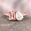 Toi Et Moi Morganite and Moissanite Ring- 14K Solid Rose Gold by Aquamarise Gold featuring an emerald-cut morganite and a pear-shaped moissanite on a delicate rose gold band.