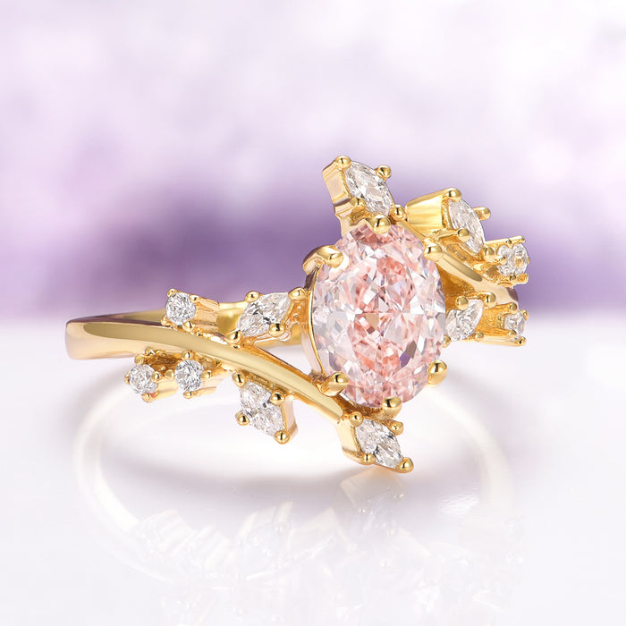 Pink Lab-Grown Diamond Fairy Leaf Engagement Ring in 14K Solid Yellow Gold (IGI Certified) by Aquamarise Gold, featuring an oval pink lab-grown diamond with leaf-inspired white diamond accents, part of nature-inspired and solid gold engagement ring collections.