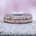 Morganite & Crushed Simulated Diamond Wedding Band- 6MM Tungsten featuring two textured inlay bands in blush pink and sparkling crushed simulated diamonds within a polished tungsten carbide comfort-fit band by Aquamarise, part of men’s and women’s tungsten carbide wedding bands and birthstone jewelry collections.