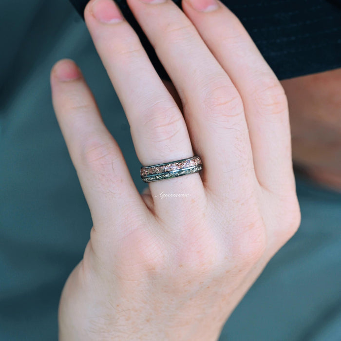 Adeline Unique Fireworks Cut Morganite Couples Ring Set featuring matching sterling silver and tungsten bands with crushed diamond cubic zirconia inlays, designed by Aquamarise for modern couples seeking elegant, symbolic jewelry.