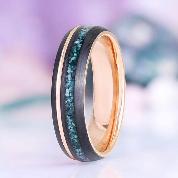 Moss Agate Two Tone Black Rose Gold Tungsten Couples Ring Set by Aquamarise, featuring a moss agate inlay, black tungsten exterior, and polished rose gold inner band, ideal for matching couples rings.