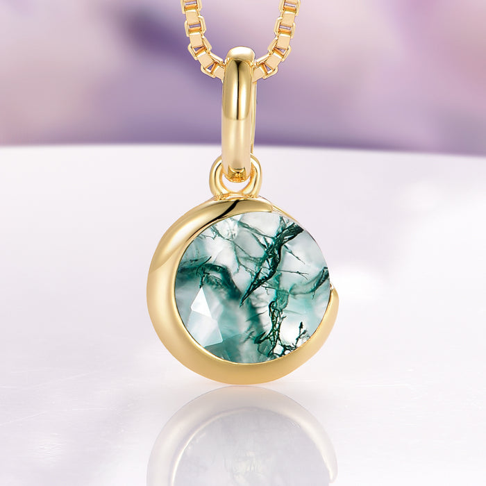 Moss Agate Crescent Moon Necklace in 14K Yellow Gold Vermeil by Aquamarise, featuring a faceted round moss agate gemstone nestled within a smooth crescent moon pendant on a polished gold vermeil chain, part of Necklaces, Moss Agate Jewelry, Gold Vermeil Jewelry, and Meaningful Jewelry Gifts collections.