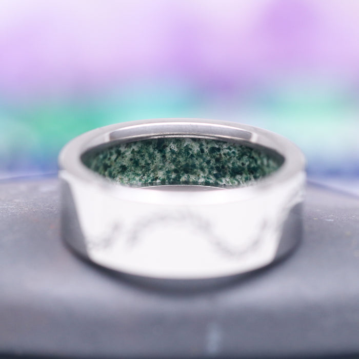Moss Agate & Emerald Fairy Leaf Couples Ring Set by Aquamarise, featuring a polished silver band with a textured green moss agate inlay symbolizing growth and harmony, part of Matching Couples' Rings and Moss Agate Jewelry collections.