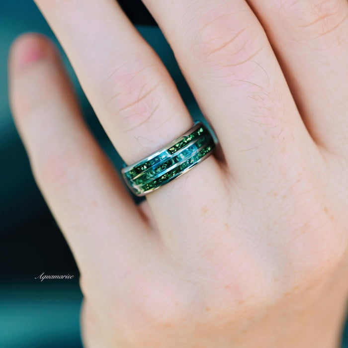 Hexagon Emerald & Moss Agate Couples Ring Set on finger, showcasing crushed green emerald and moss agate inlays in a polished band by Aquamarise, symbolizing unity and lasting love.