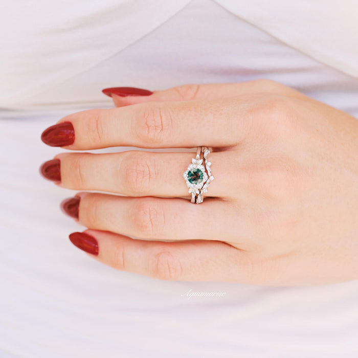 Moss Agate Fairy Leaf Ring Set in 14K White Gold by Aquamarise Gold featuring a green moss agate center with delicate leaf and diamond accents in a nature-inspired fantasy design.