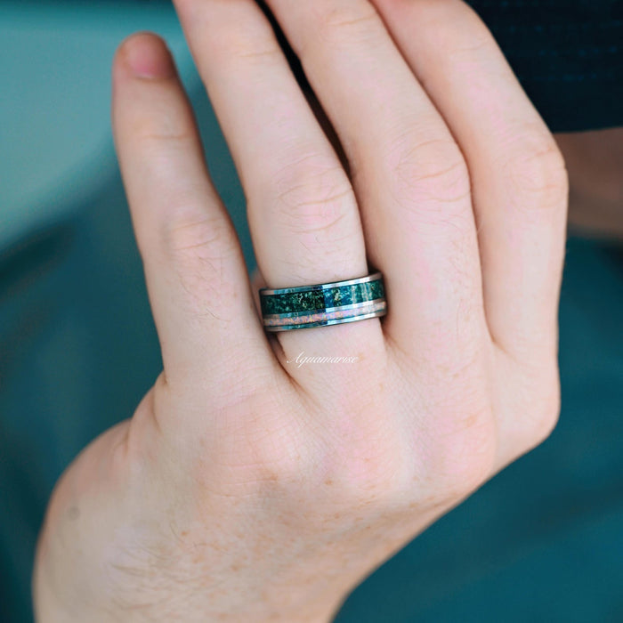 Green Moss Agate & Fire Opal Couples Ring Set featuring a sterling silver band inlaid with rich green moss agate and iridescent fire opal accents, showcasing handcrafted detail by Aquamarise in a nature-inspired design.