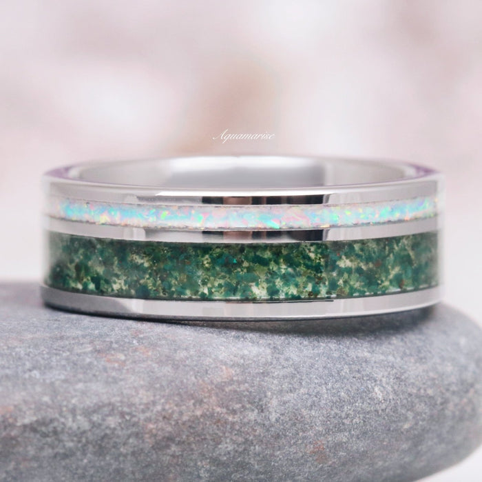 Green Moss Agate & Fire Opal Couples Ring Set featuring a polished sterling silver band inlaid with vibrant green moss agate and shimmering white fire opal, crafted by Aquamarise from their Matching Couples' Rings collection.